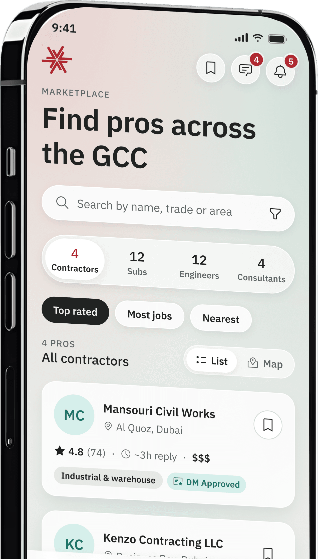 Inchaa app marketplace for finding construction professionals across the GCC
