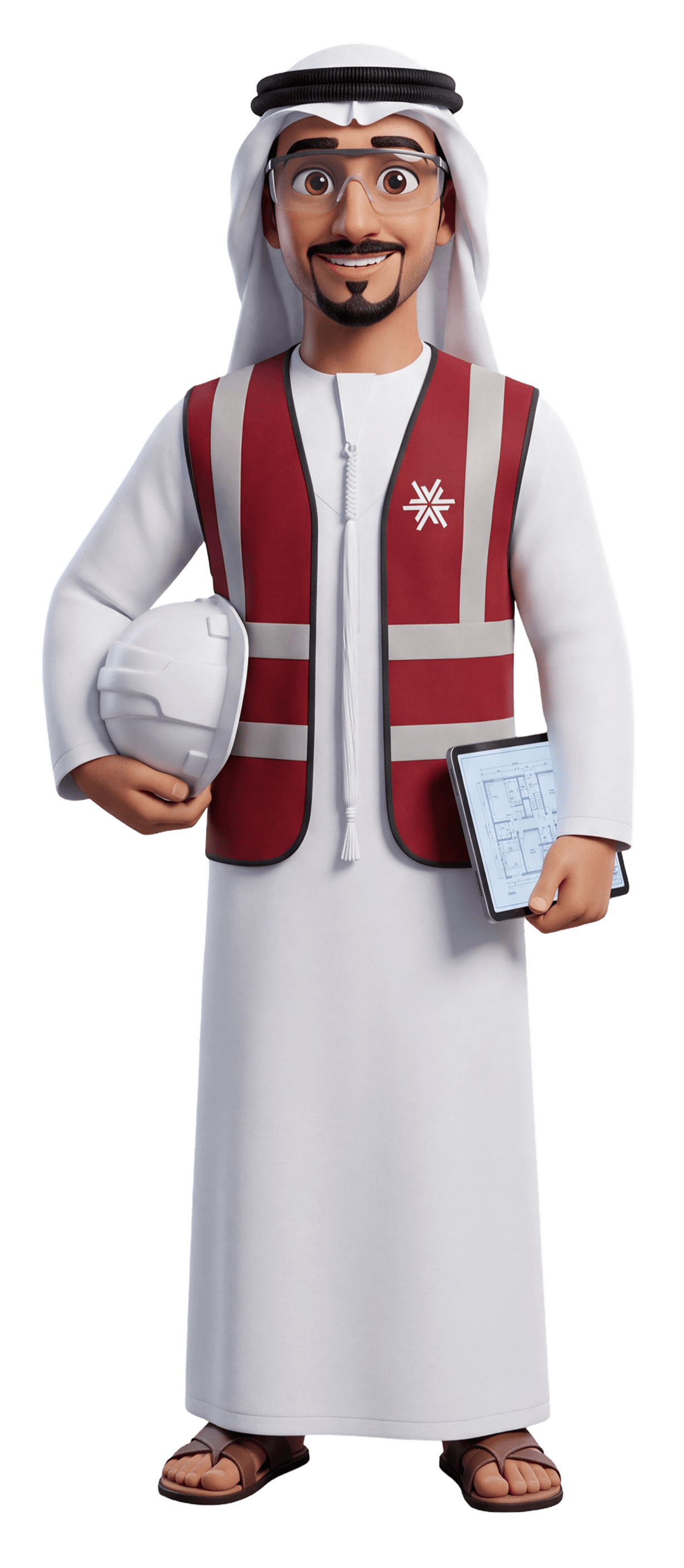 Amer, the Inchaa assistant, holding a safety helmet and a tablet